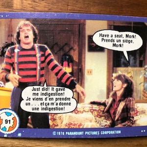 Aimant de réfrigérateur cartes à collectionner vintage recyclées Mork & Mindy