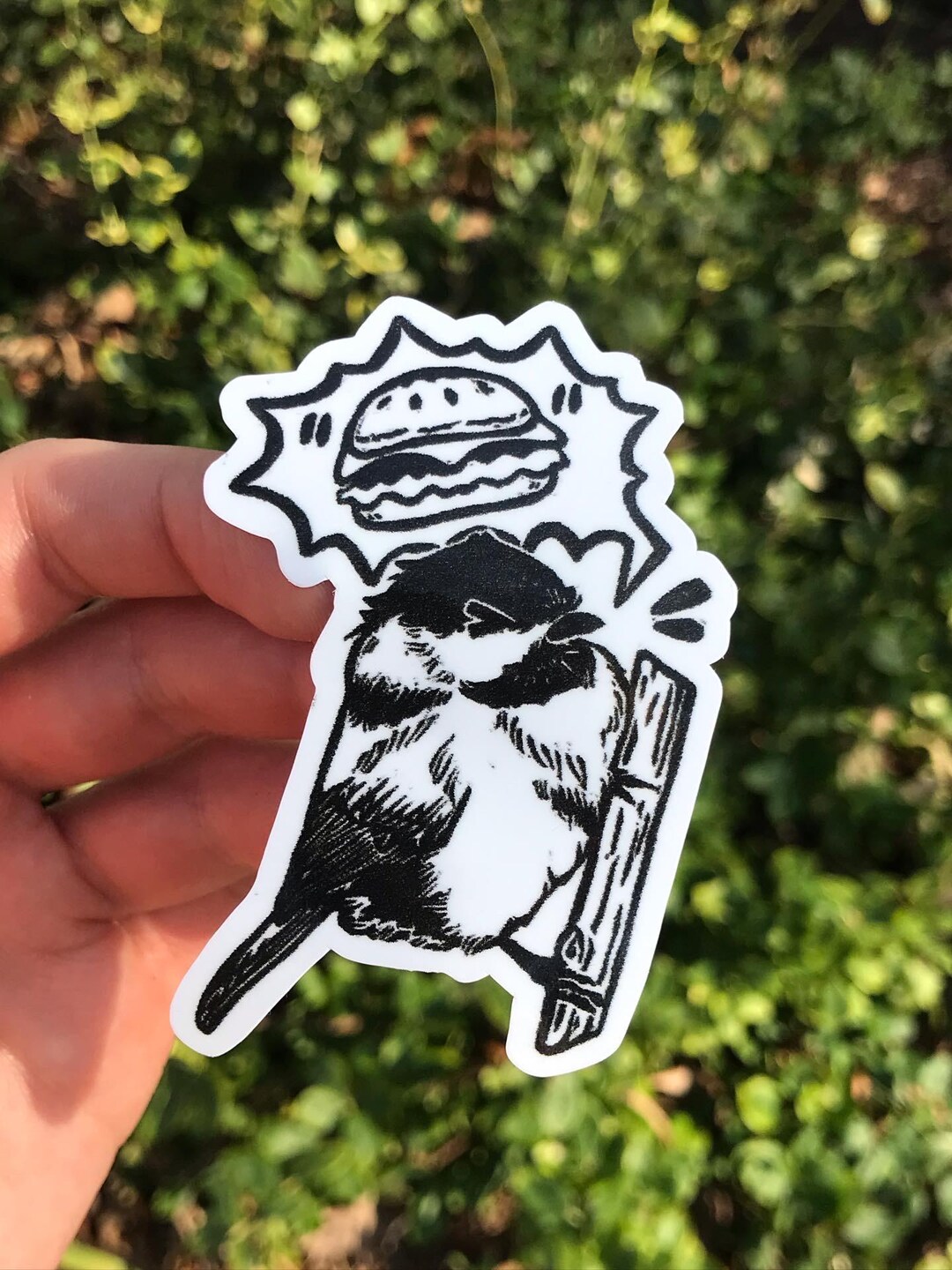 Linocut Sticker | Cheeseburger Chickadee | Waterproof Vinyl Sticker - Etsy