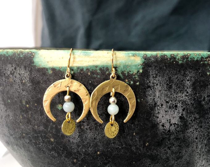 Crescent moon earrings:  brushed brass with amazonite stone and brass details