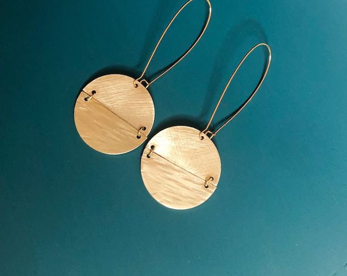Brass dangle earrings: contemporary handmade rounds with textured brushed brass