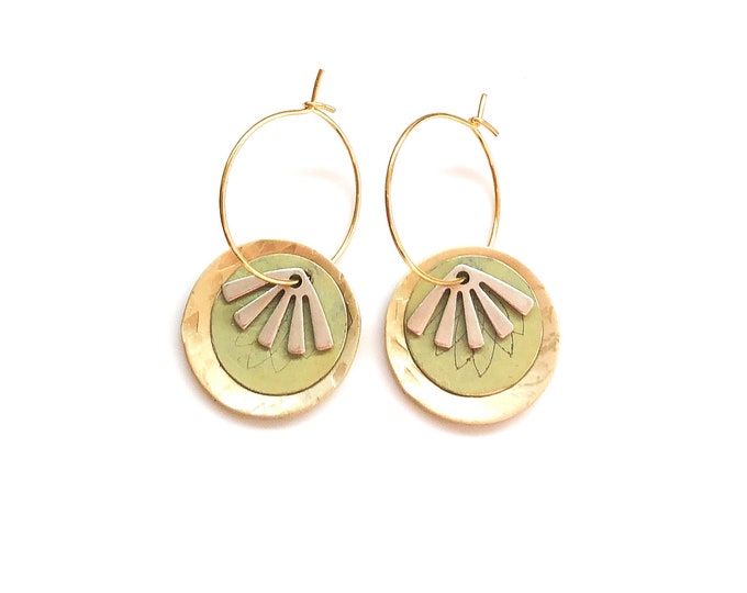 Handmade contemporary earrings: brushed brass hoops with etched patina and silver details
