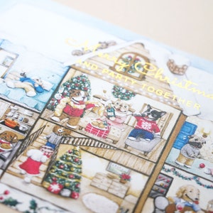 Français Bulldog ou Boston Terrier Illustration Carte de Noël et du Nouvel An, Carte postale A6, Titre en feuille d’or [ x5 pcs]