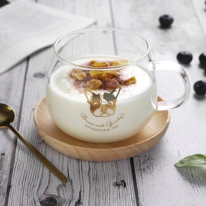French bulldog or Boston Terrier Glass Mug Set (with WOODEN saucer and stainless steel spoon)
