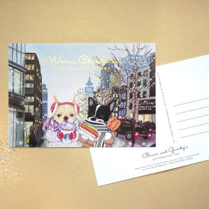 Französische Bulldogge oder Boston Terrier Illustration NYC Weihnachten und Neujahr Karte, A6 Postkarte, Goldfolie Titel [ x1 Stück]