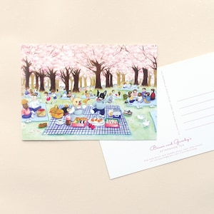 Illustrierte Französische Bulldogge Postkarte - Picknick unter den Sakura-Bäumen x1 Stück