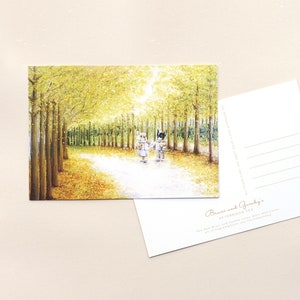 Cartolina Bulldog francese illustrata - Una passeggiata nell'autunno giallastro x1pz
