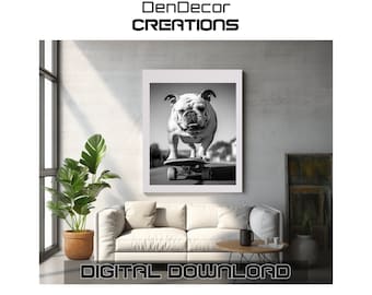 Skater Bulldog | Black & White Digital Print | Printable Skateboard Poster