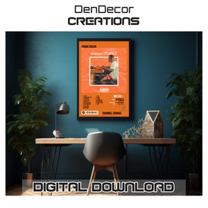 May include: A digital download of a poster featuring the album cover for Frank Ocean's album "Channel Orange". The album cover is a bright orange with the album title and artist name in white text. The image features a man sitting at a piano with a microphone in front of him.