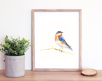 Blue Bird Wildlife Watercolor Print, Digital Download from Original Painting