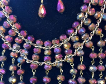 COLORFUL WATERFALL CRYSTAL colar, colar colorido, colar de cristal, colar de cor ab, brincos combinando, colar rosa tornasol, rosa