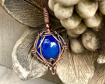 Wire wrapped, copper wire wrapped, blue pendant, handmade jewelry, blue gemstones, wire wrapped pendant