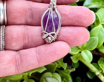 Silver wire wrapped, wire wrapped, wearable art, art to wear, amethyst pendant, crystal necklace, wire wrapped amethyst