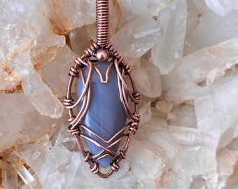 Wire wrapped, copper wire wrapped, wire wrapped pendant, blue banded agate, handcrafted, witchy jewelry, goth