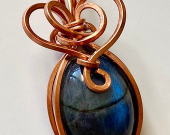 Wire wrapped, copper wire wrapped, labradorite pendant, handmade jewelry, blue gemstones, jewelry for her