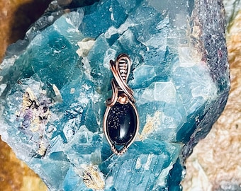 blue goldstone, copper wire wrapped, wire wrapped, wire wrapped pendant, witchy jewelry, witch pendant, healing stone