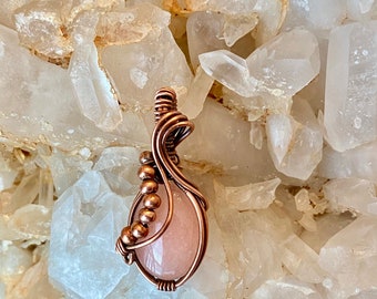 Wire wrapped, copper wire wrapped, jade pendant, handmade jewelry, jewelry for her, pink jade, wrapped copper pendant