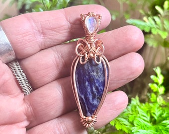 Natural Sodalite, Moonstone Pendant Copper Wire Wrapped Pendant Sodalite Moonstone Gemstone Pendant Copper Handmade Pendant Jewelry For Gift