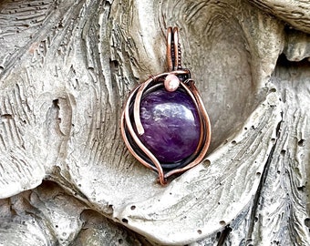 Wire wrapped, copper wrapped, amethyst pendant, witch pendant, gypsy necklace, amethyst