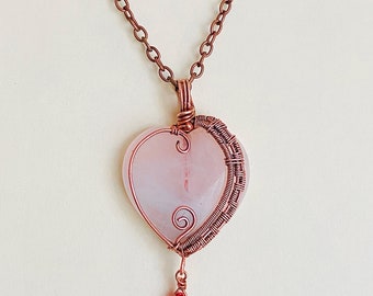 Wire wrapped, copper wire wrapped, heart necklace, rose quartz, Valentine’s Day, handmade, pink, red, love