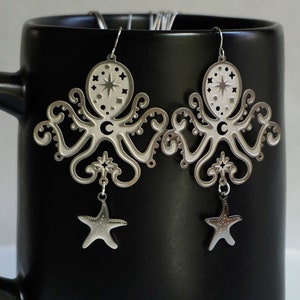 Star/Moon Octopus Earrings - silver stainless steel