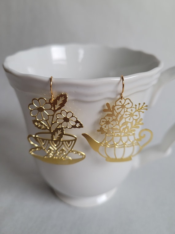 Teapot & Teacup Earrings Golden Brass Etsy