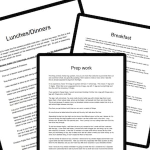 May include: A close-up of a page from a meal planning guide with the headings "Lunches/Dinners", "Breakfast", and "Prep work". The page includes instructions for preparing chicken leg quarters, potatoes, and a variety of other meals.