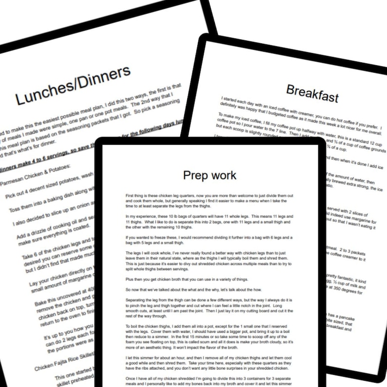 May include: A close-up of a page from a meal planning guide with the headings "Lunches/Dinners", "Breakfast", and "Prep work". The page includes instructions for preparing chicken leg quarters, potatoes, and a variety of other meals.