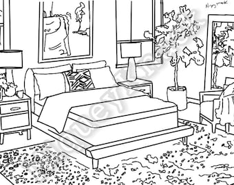 Hand Drawn Bedroom Coloring Page for Adults (Digital Download)