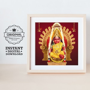 Puede incluir: Una ilustración digital de una deidad hindú, una mujer de piel roja, sentada en un trono dorado. Lleva un sari amarillo y una corona. El fondo es rojo con detalles dorados.