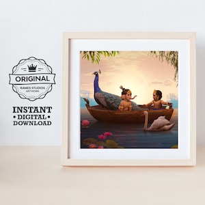 Lord Murugan and Lord Ganesha&#39;s Boat Trip - Printable Hindu Deities Print, Digital Download.