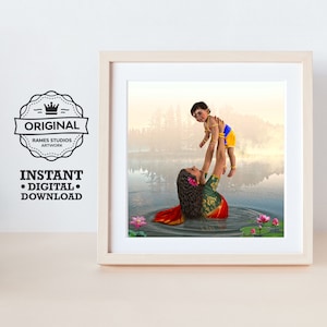 Goddess Parvati and Lord Murugan at the Lake - Printable Hindu Deities Print, Digital Download.