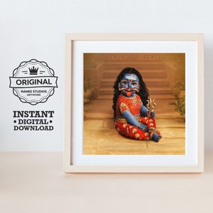 Puede incluir: Una ilustración digital de una deidad de piel azul con una expresión feroz, vestida con un atuendo rojo y dorado y sosteniendo un tridente. La deidad está sentada en un suelo de piedra en un entorno tradicional indio.