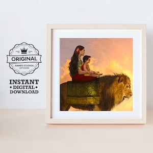 Goddess Parvati, Lord Murugan and the Lion - Printable Hindu Deities Print, Digital Download.