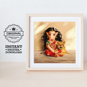 May include: A digital illustration of a Hindu deity with a pig head, wearing a red and green sari and jewelry, sitting with a small lion cub. The background is a warm, sandy color.