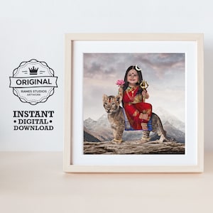 Goddess Durga and the Lion - Printable Hindu Deities Print, Digital Download.