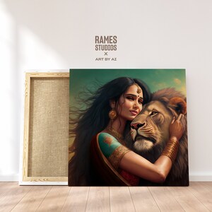 May include: A woman with long dark hair and a red and gold sari is embracing a lion. The woman is wearing jewelry and has a nose ring. The lion has a golden mane and is looking at the woman. The background is a blurred green and brown landscape.
