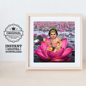 Murugan sitting on Lotus - Printable Hindu Deities Print, Digital Download.