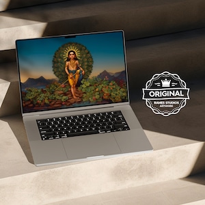 Könnte beinhalten: Ein Laptop mit einem leuchtend blauen und grünen Bild auf dem Bildschirm. Das Bild zeigt eine Person, die vor einem Pfau mit einem blauen und grünen Schwanz steht. Der Laptop befindet sich auf einer Reihe von Betontreppen.