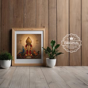 Vel Murugan mit Pfau und Hahn - Druckbare Hindu Gottheiten Druck, digitaler Download.