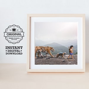 Lord Ayyapa and the Little Tiger - Printable Hindu Deities Print, Digital Download.