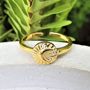 moon and stars ring, CZ celestial ring, gold adjustable ring, gold signet, silver 925, North star ring, diamond ring, crescent ring, Polaris