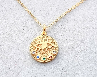 evil eye disc necklace, 14k gold filled chain, silver 925 charm, gold evil eye necklace, round evil eye charm, gold choker, fashion disc