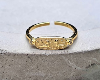 ancient coin ring, 18k gold plated adjustable ring, symbol ring, signet ring, lion symbol ring, statement ring, gold dainty ring, gold lions