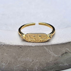 ancient coin ring, 18k gold plated adjustable ring, symbol ring, signet ring, lion symbol ring, statement ring, gold dainty ring, gold lions