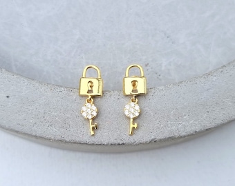 tiny gold locks earrings, lock and key gold earrings, silver 925 posts, gold key posts, keylock studs, love earrings, gold locket earrings