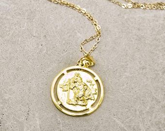 St. Christopher gold necklace, 14k gold plated silver 925, disc necklace, gold medallion, dainty necklace, travellers protection jewelry