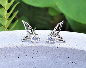 Angel wings earrings, CZ wing studs, angel feathers earrings, silver 925, diamond wings, rhinestone wing earrings, minimal earring, posts