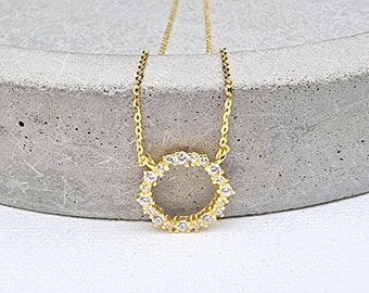 gold circle necklace, CZ circle necklace, Karma necklace, diamond circle necklace, simple mini necklace, open circle necklace, pave circle