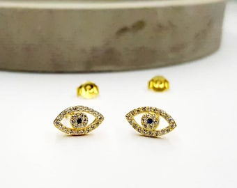 evil eye earrings, pave eye earrings,gold earrings, silver earrings,gold evil eye earrings, minimal eye, Turkish eye, CZ eye stud earrings
