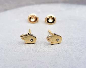 hamsa stud earrings, CZ hamsa earrings, gold hamsa, sterling silver 925 earrings, hand of fatima earrings, tiny earrings, simple hamsa